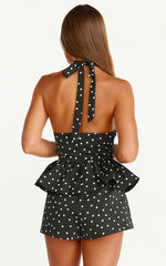 Seraphina Top - Polka Dot V Neck Peplum Top in Black Polka Dot Print