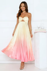 Melting Sunset Satin Strapless Maxi Dress Yellow