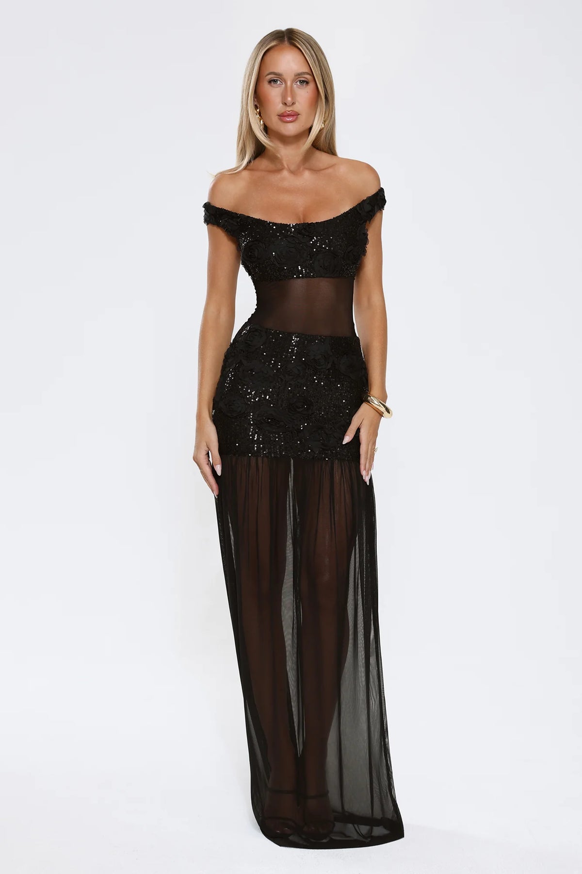 Radiance In The Dark Off Shoulder Sequin Maxi Dress Black